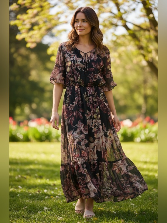 Le Ragazze Dresses & Skirts - Floral Tie-Neck Maxi Dress in Black with Rose Floral Print (AS IS)
SILK BLEND